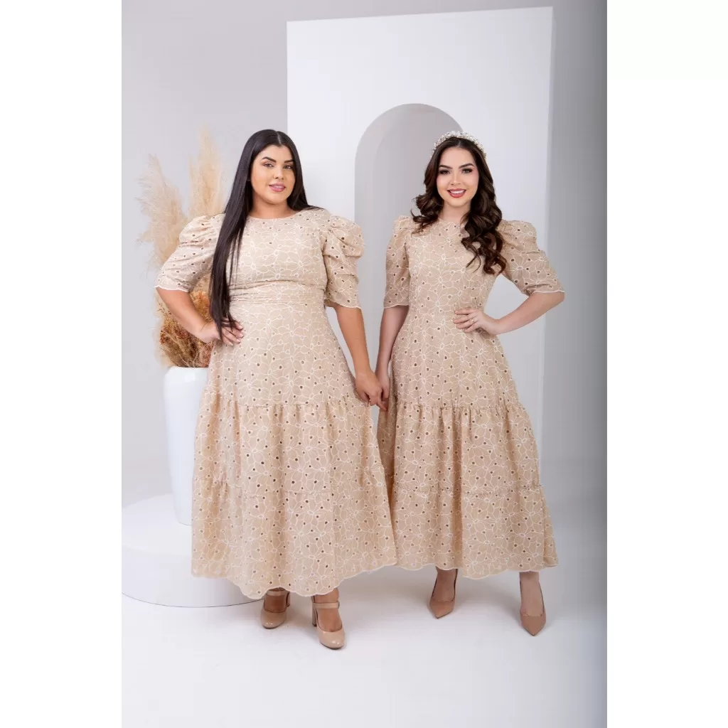 Vestido Feminino em Lese Bicolor Manga 3/4 Moda Luxo Evangélica Cristã