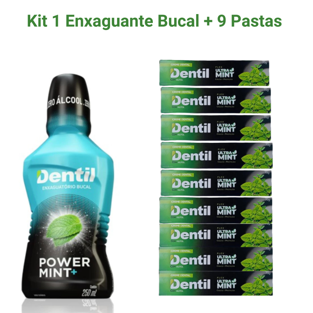 Kit Refrescante Dentil 1 Enxaguante Zero Alcool Power Mint 250ml e 9 Pastas de Dente Sem Fluor Ultra