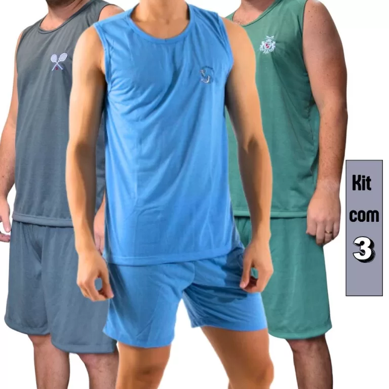 Kit com 3 Pijamas Masculino Regata ou Meia Manga V