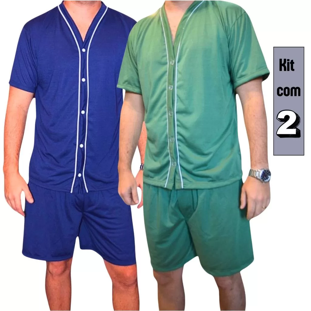 Kit 2 Pijamas masculino Cirurgico com botões aberto em Malha Cinza/Verde/Azul