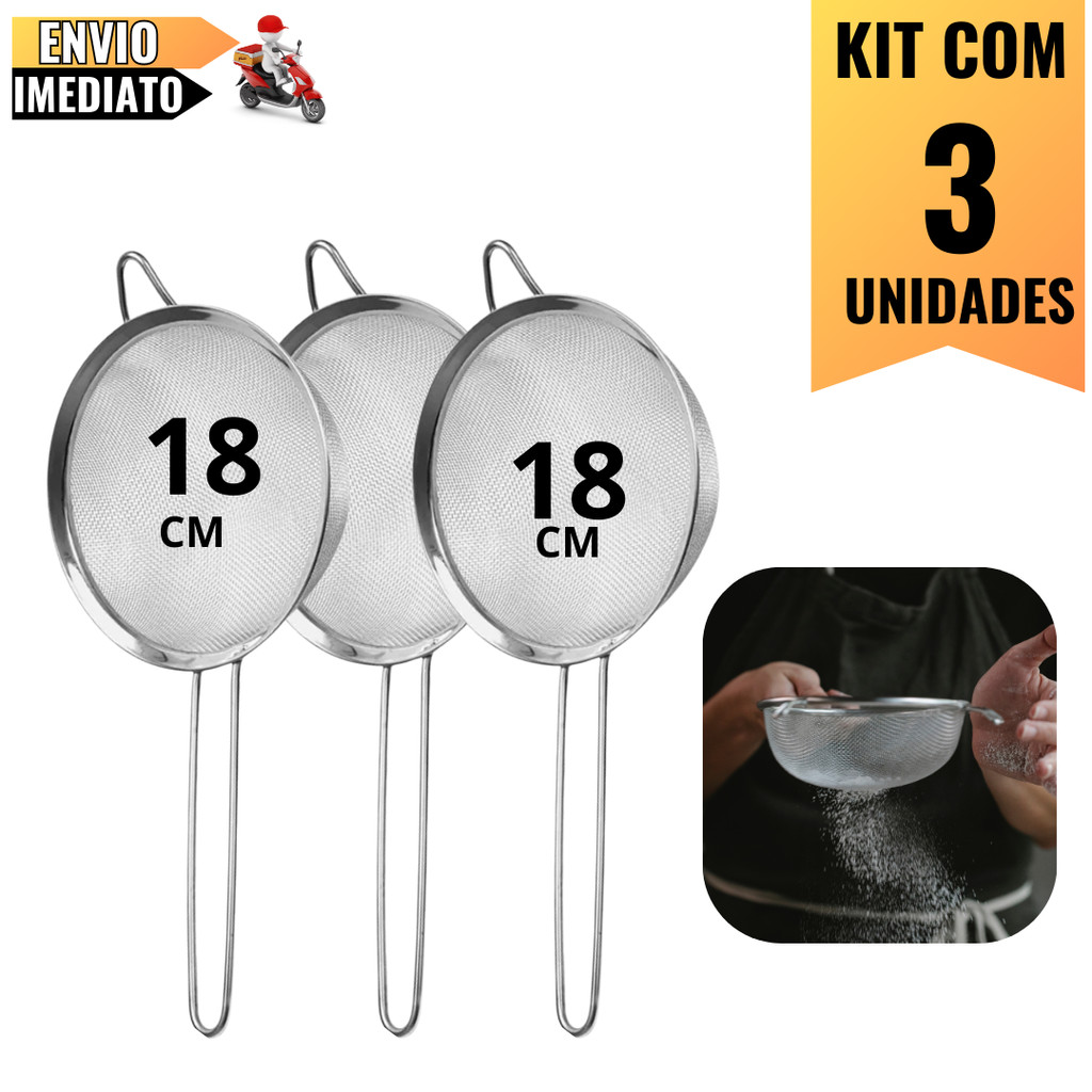 Kit com 3 Peneiras 18cm em Aço Inox  Praticidade e Eficiência para Coar Líquidos e Alimentos na Cozi