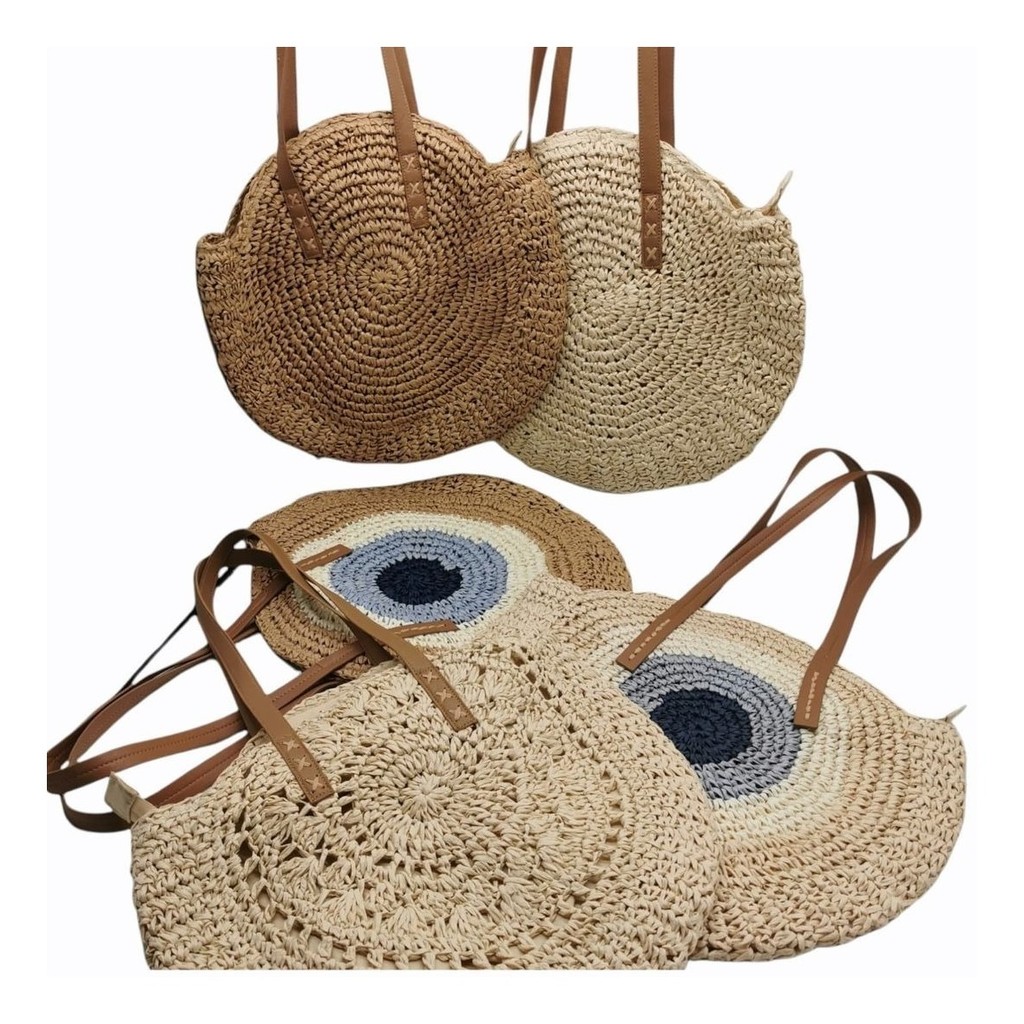 Bolsa de Palha Redonda Feminina Grande Feita à Mão Moda Praia 2025 Vintage