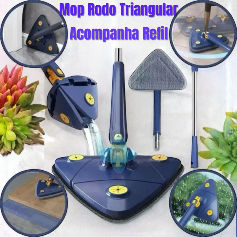 Esfregão Triangulo Mop Ajustável Giratória 360° Limpeza Banheiro Chão Janela Teto