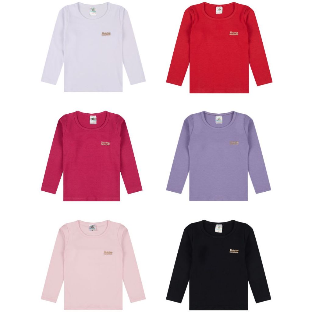 Kit 1, 3 ou 5 Blusas Manga Longa Infantil Bebê Menina Algodão Lisa Feminino Inverno Quentinho de Fri