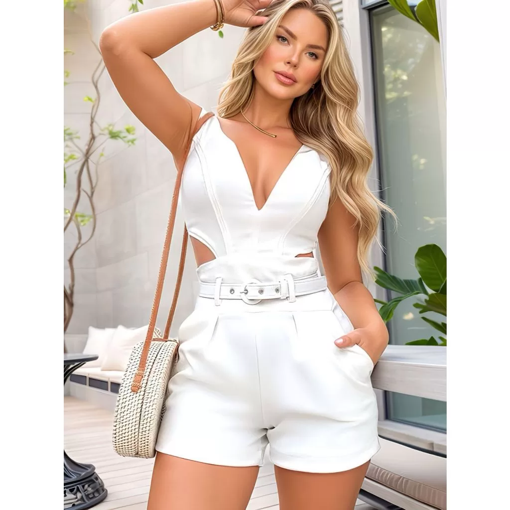 Macaquinho Decote Feminino Curto Cinto Bojo Bolso Montaria