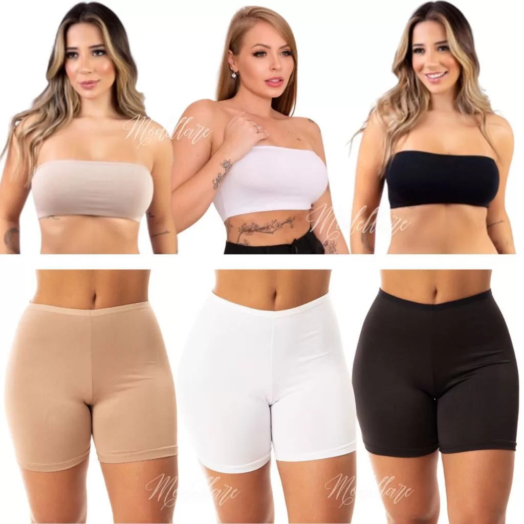 Kit 3 Top Faixa 100% Algodão + 3 Short Feminino Anagua
