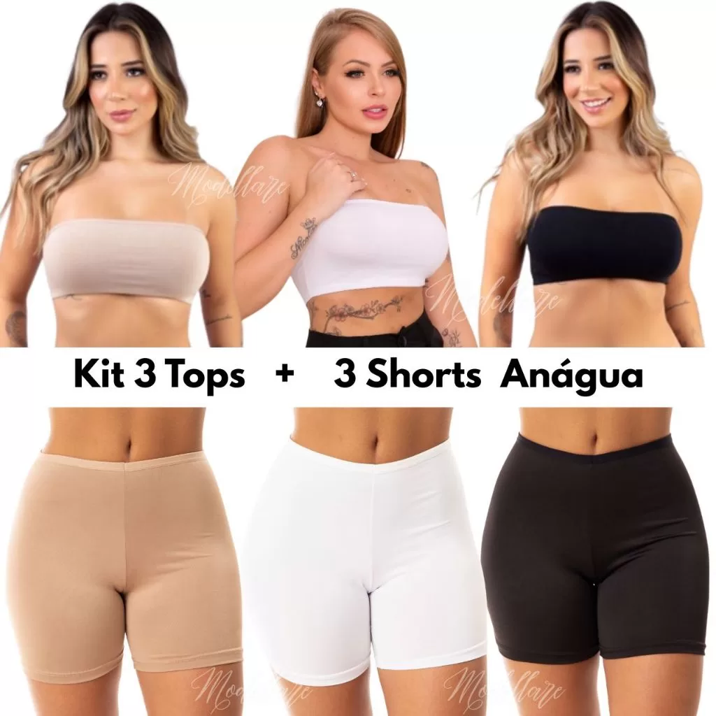 Kit 6 Peças 3 Short Feminino Anagua + 3 Top Faixa 100% Algodão