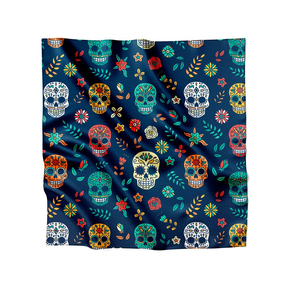 Lenço de Cetim 90x90cm Várias Amarrações Tendência Fashion Estampas de Caveiras Psicodélicas