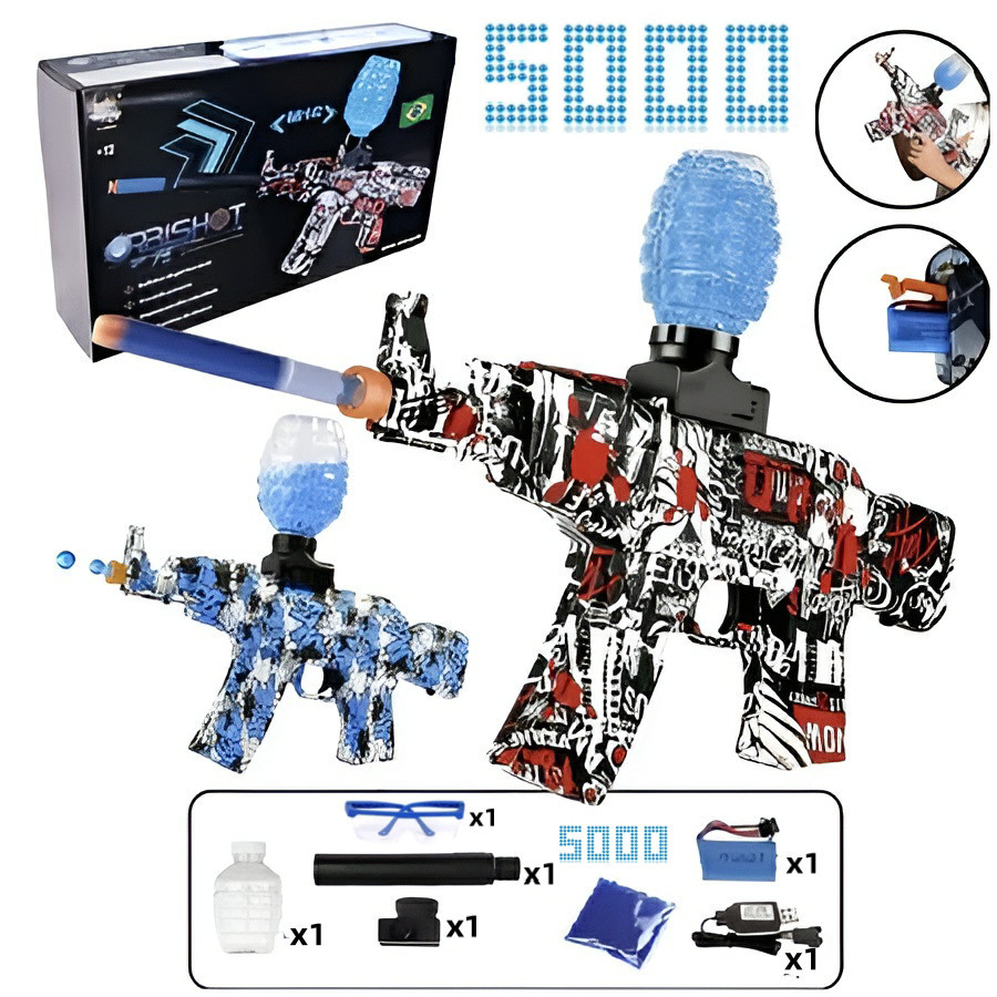 Metralhadora de Gel Automática – 300 Tiros p/ Minuto, Kit c/ 5.000 Bolinhas e Óculos Segurança