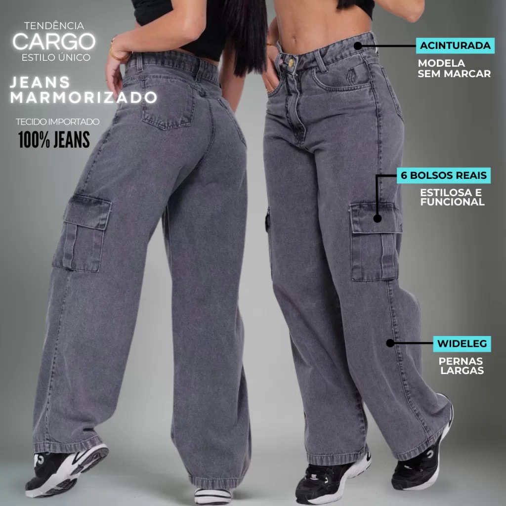 Calça Cargo Grafite Cinza Jeans Feminina Wide Leg 34 Ao 44