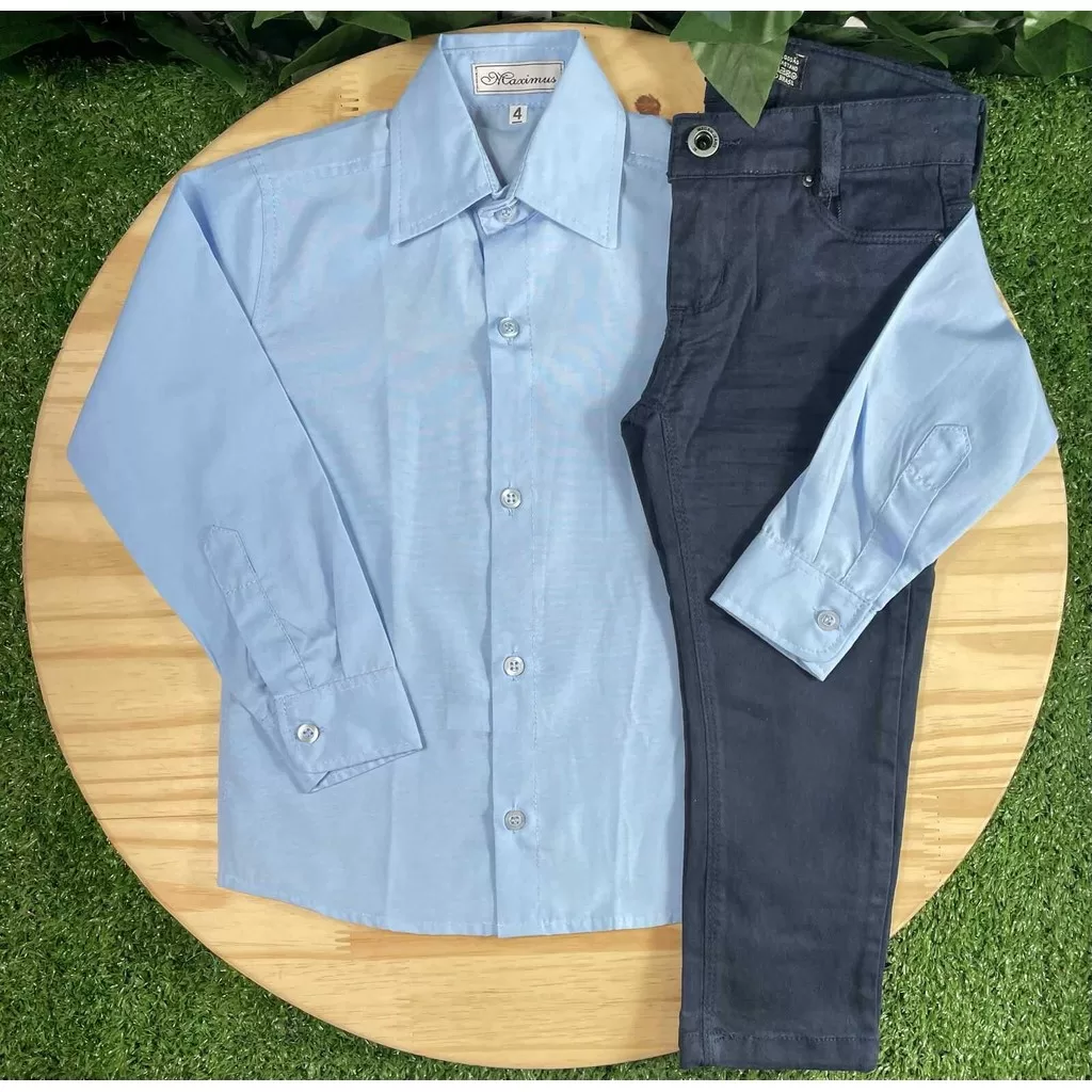 Calça Azul Marinho com Camisa Longa Azul Clara Infantil