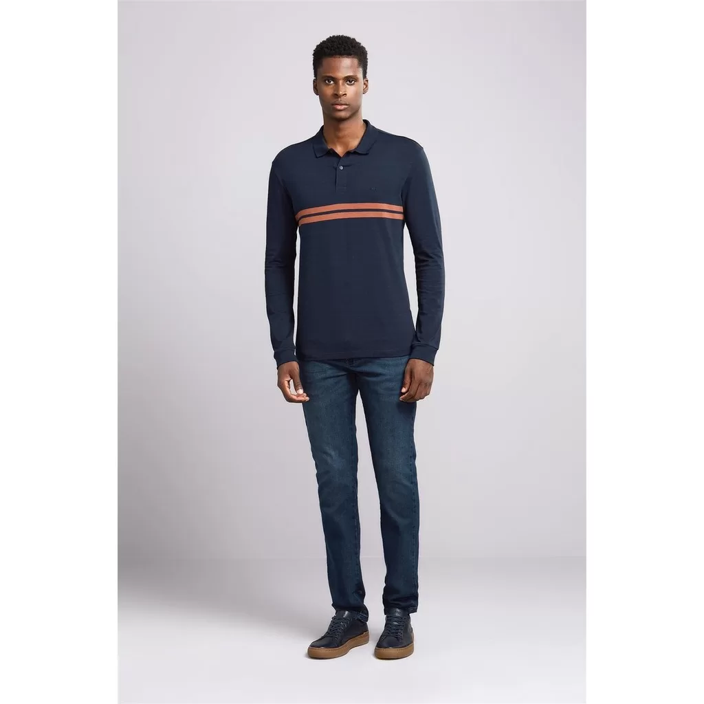 Polo Manga Longa Malha Slim Fit – Azul Marinho / Marrom Avelã