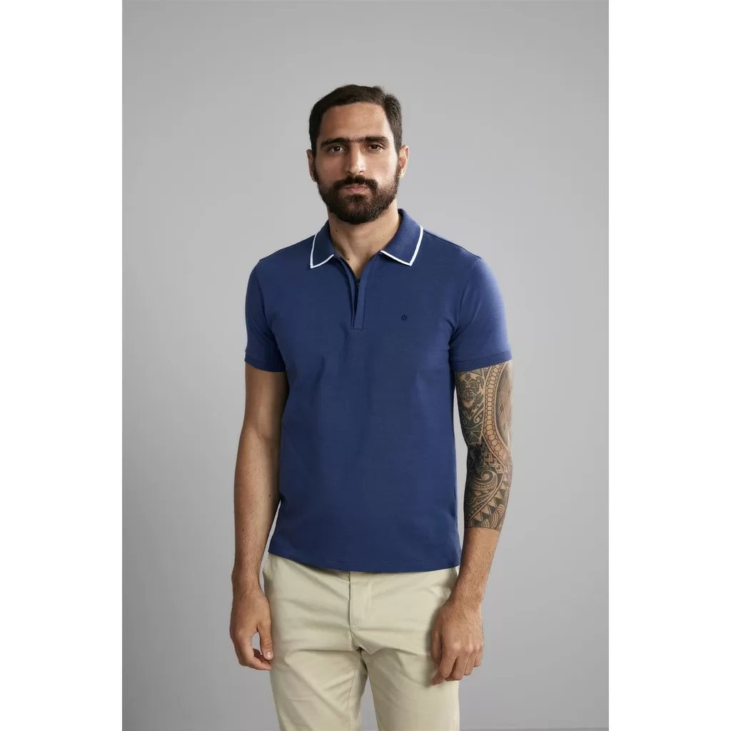 Polo Manga Curta Com Zíper Premium Malha Slim Fit – Azul Noturno