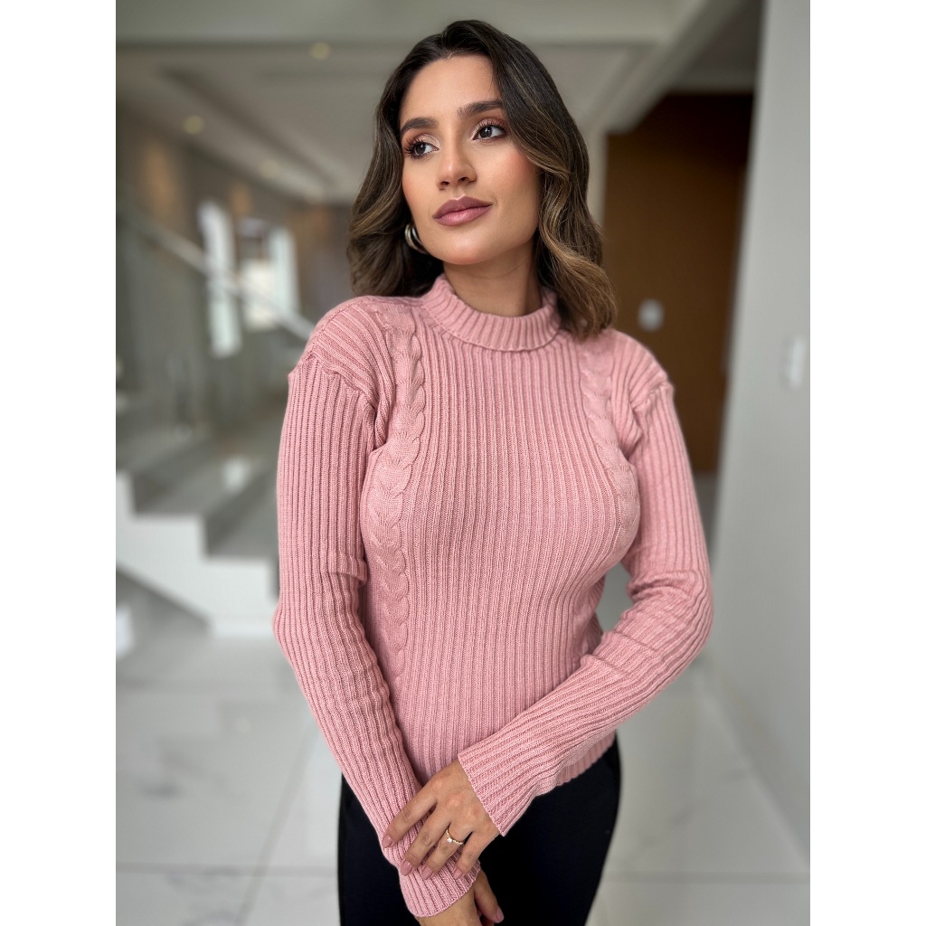 Blusa Feminina de Tricot Modal Manga Longa Canelada com Detalhes Tranças Elegante Moda Inverno