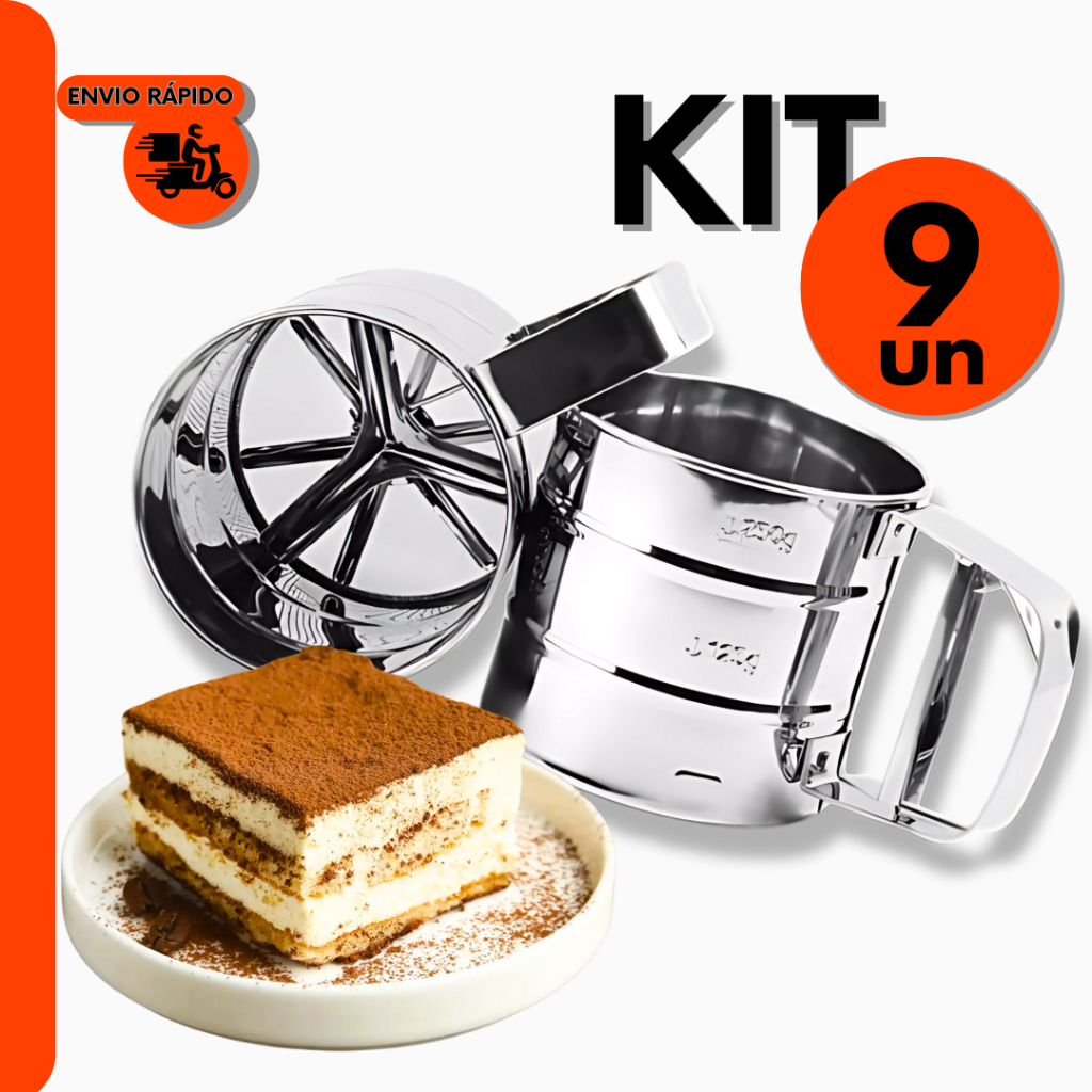 Kit 9 Peneira Polvilhador com Gatilho Inox do Chef Confeiteiro Para Doces Pães e Bolos Para Padaria