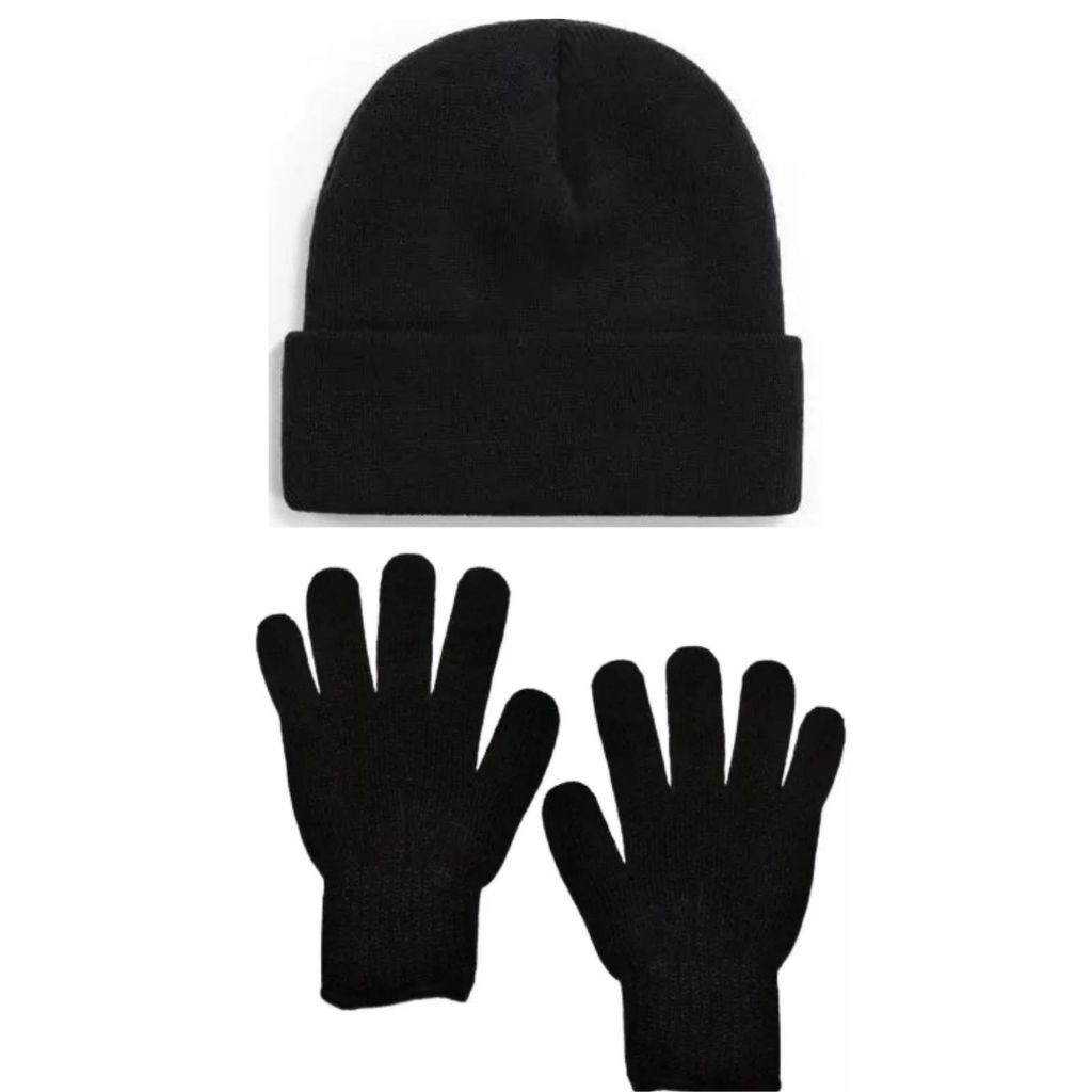 Kit Touca Com Luva De Frio Básica Lã Gorro Liso Preta Toca Adulto Inverno