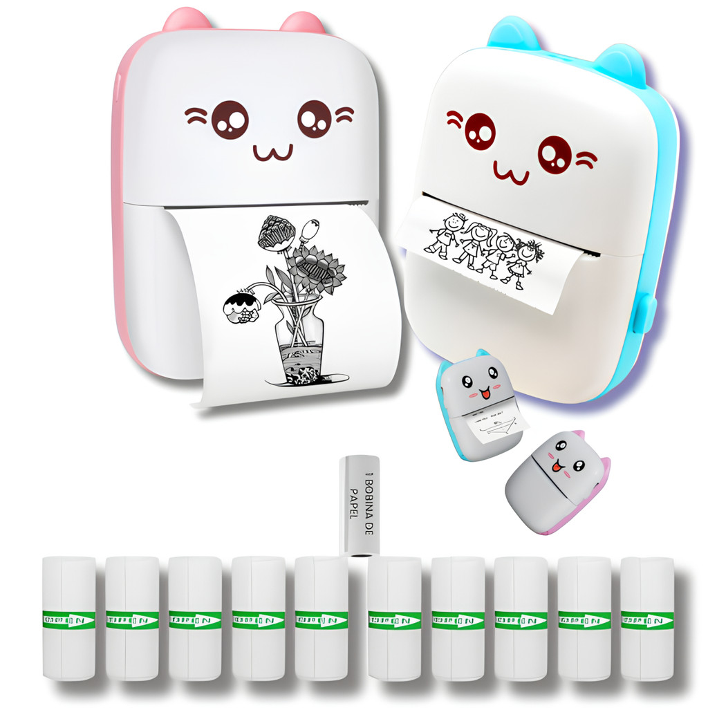 kit Impressora + Rolos Bobina Adesivo ( Continuo) ou Mini Impressora Portátil Gatinho ou Bobinas ade