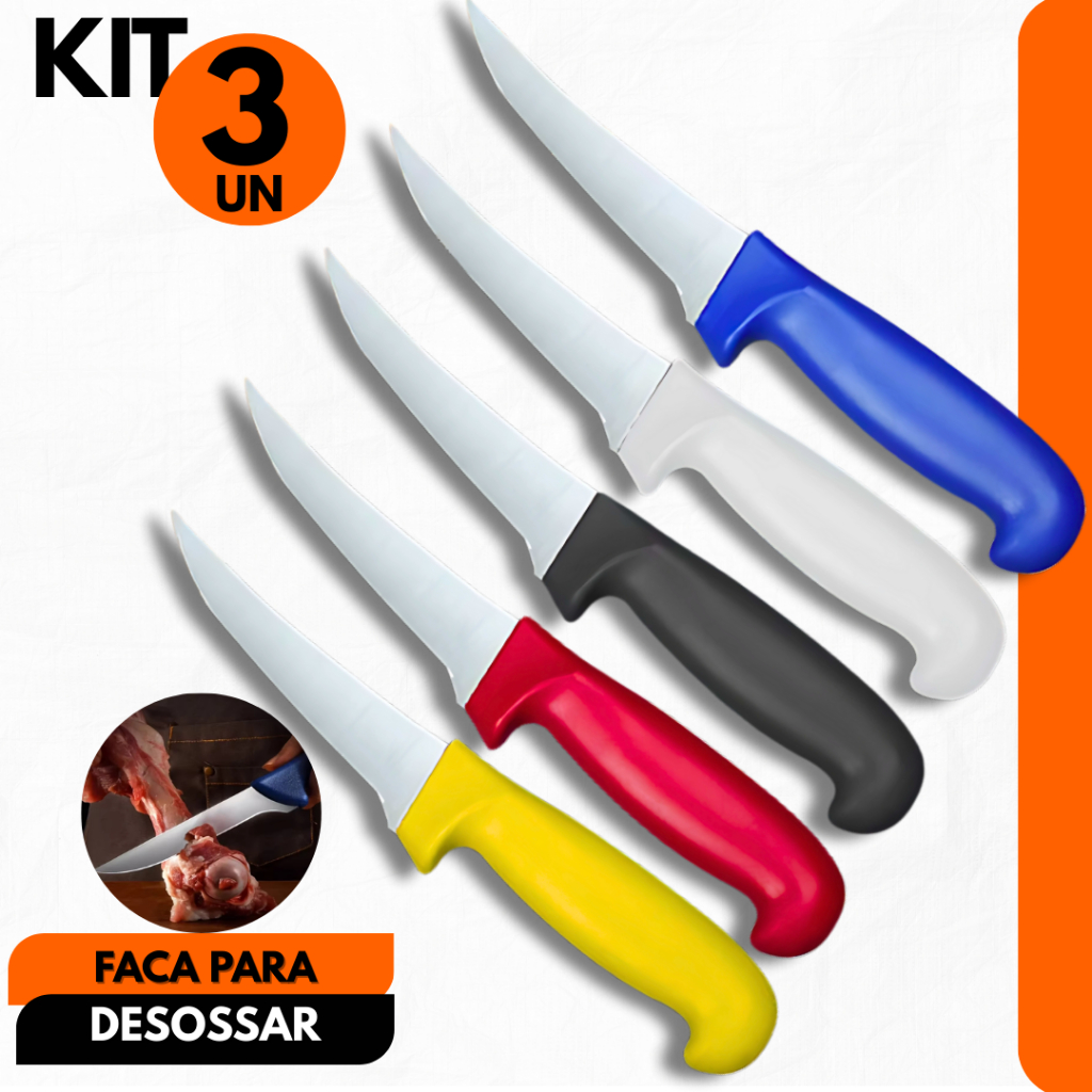 Kit 3 – Facas de Desossa Aço Inox Profissional, Açougue, Churrascaria, Restaurante
