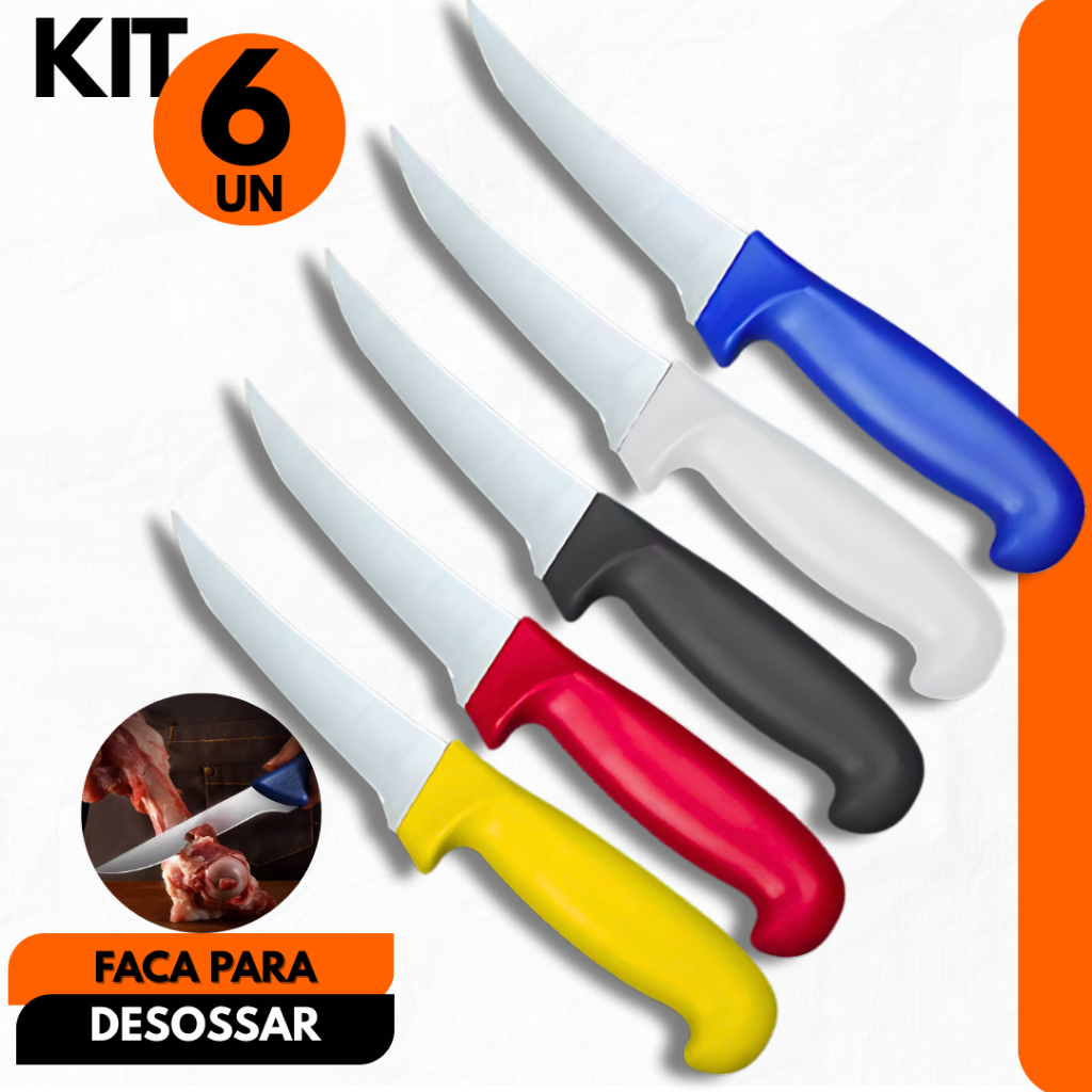 Kit 6- Facas de Desossa Aço Inox Profissional, Açougue, Churrascaria, Restaurante