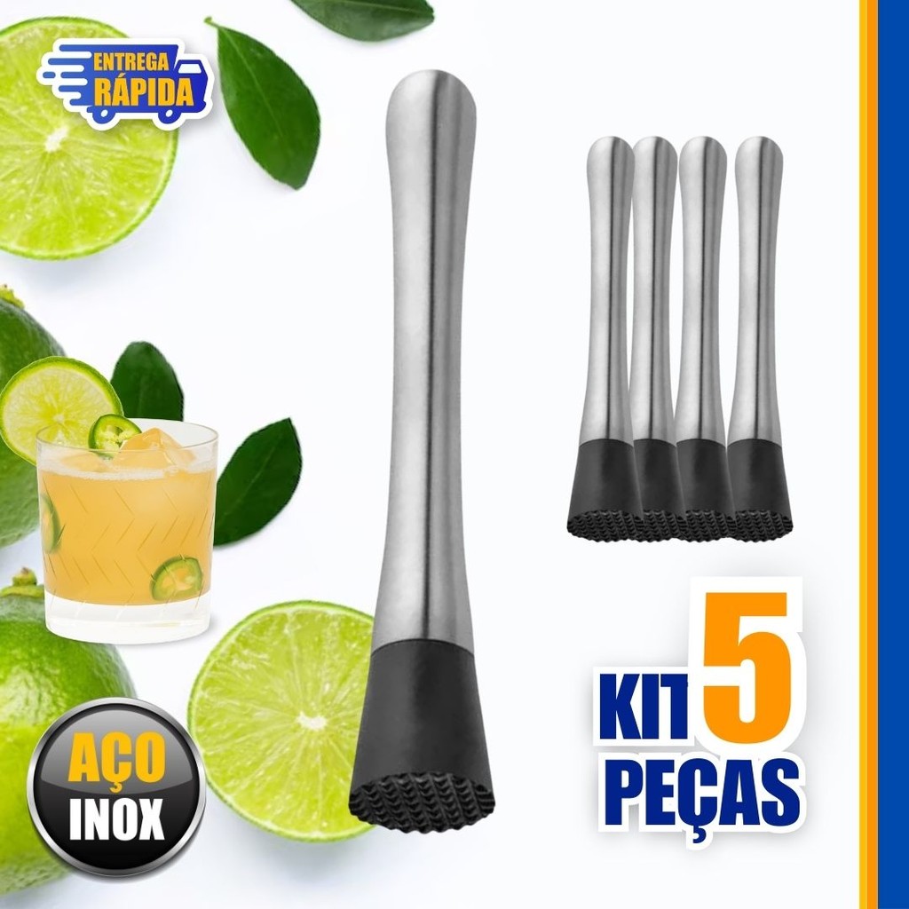 5 Socador de Bebidas Inox 21cm Profissional para Drinks e Caipirinhas bares
