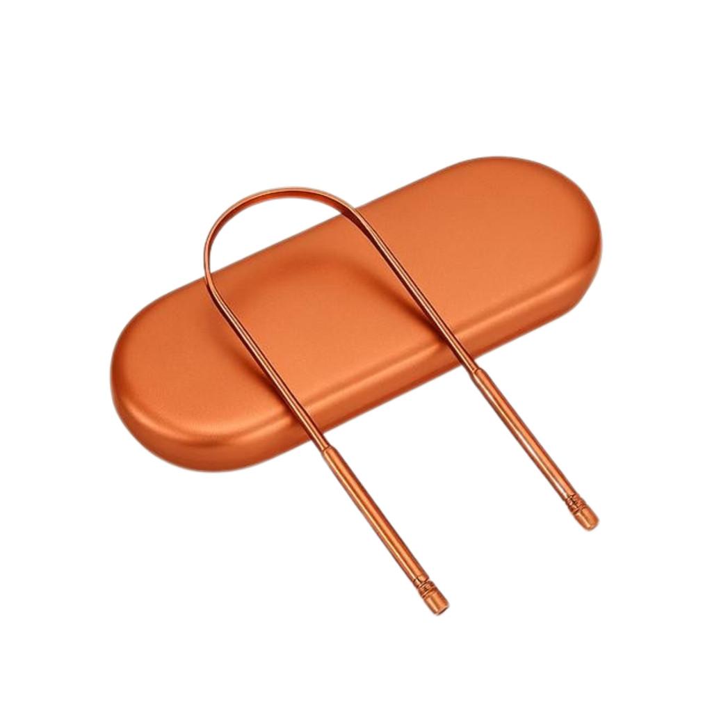 Kit Raspador e Limpador De Língua Cobre Com Estojo Inox Premium Oravy