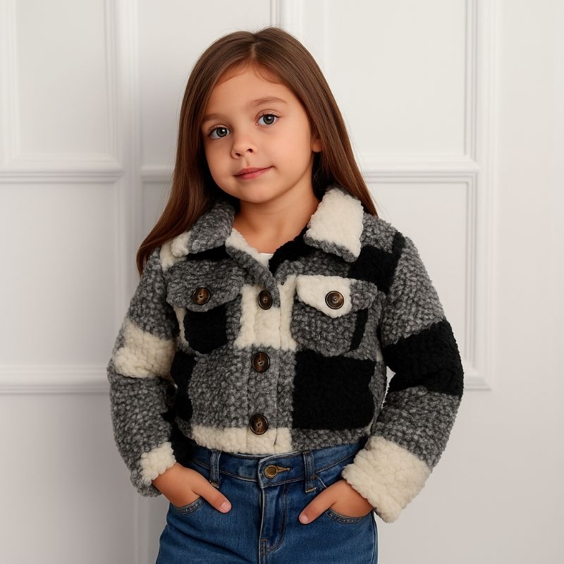 Casaco Teddy Infantil Estilo Cropped Com Botões Inverno Moda Blusa De Frio Menina Mini Diva Juvenil