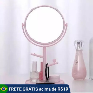 Espelho de Mesa Redondo com Porta-Jóias e Ganchos