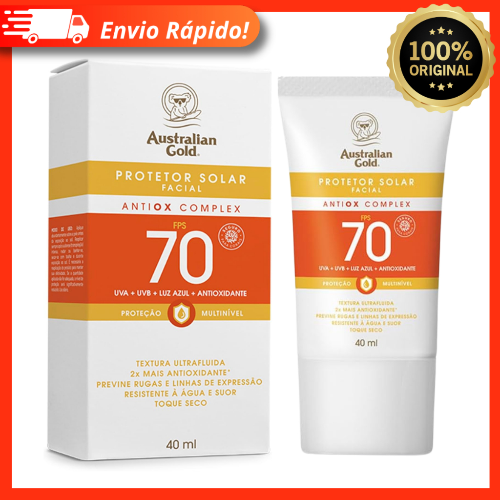 Protetor Solar Facial Fps 70 Antiox Complex 40ml Textura Ultrafluida, Previne Rugas Australian Gold