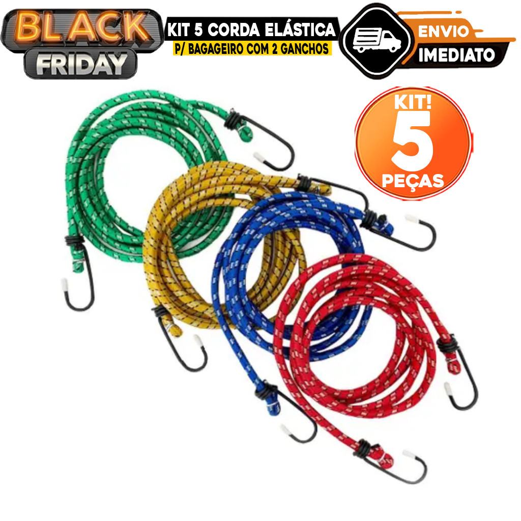 KIT 5 Corda Elástica p/ Bagageiro com 2 Ganchos Tam 1,50mt x 8mm Moto Motoboy kit com 1 Corda Amarra