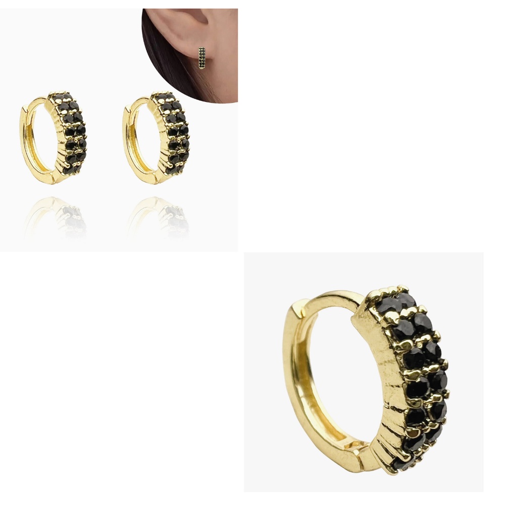 Brinco Argola de Ouro 18k com 14 Pedras em Zircônia Preta Banhado a Ouro