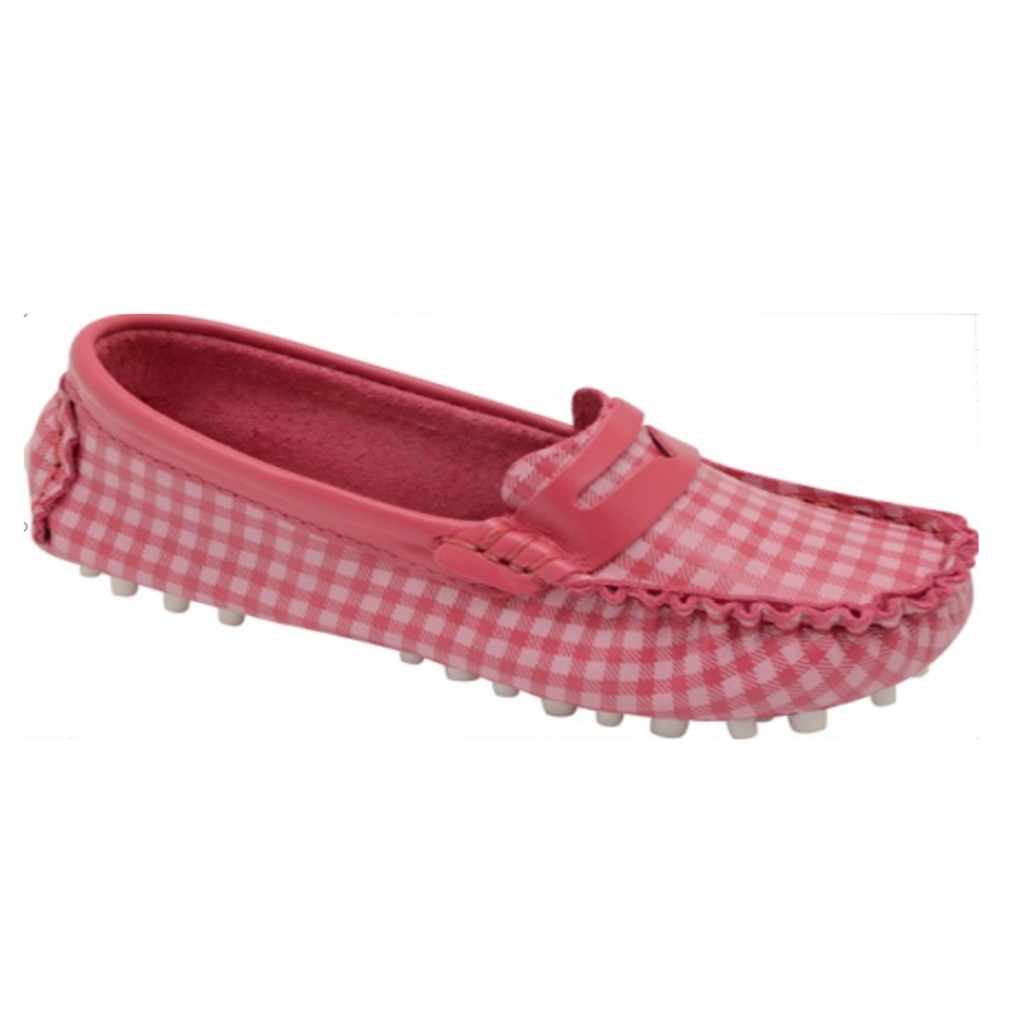 Mocassim Infantil Feminino Em Couro Legítimo Estampado com Xadrez Vichy