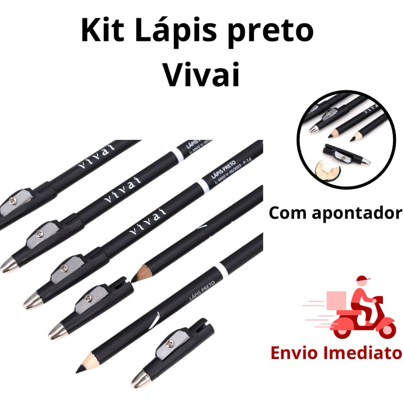 KIT 6 UNIDADES Lápis de Olho Preto Vivai com apontador lápis preto lapis unidade