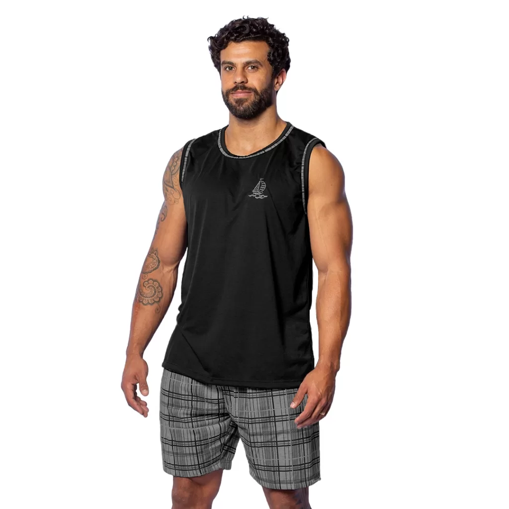 Pijama Regata Masculino Malha Traje para Dormir Confortável Short Estampado Conjunto de Verão