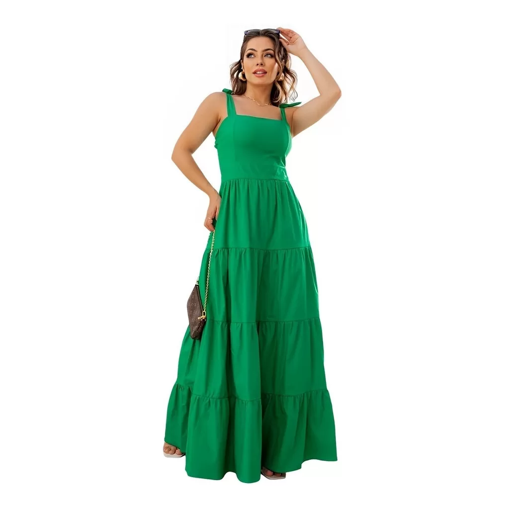 Vestido Longo Feminino Elastex Nas Costas Forro Amarração Ombro