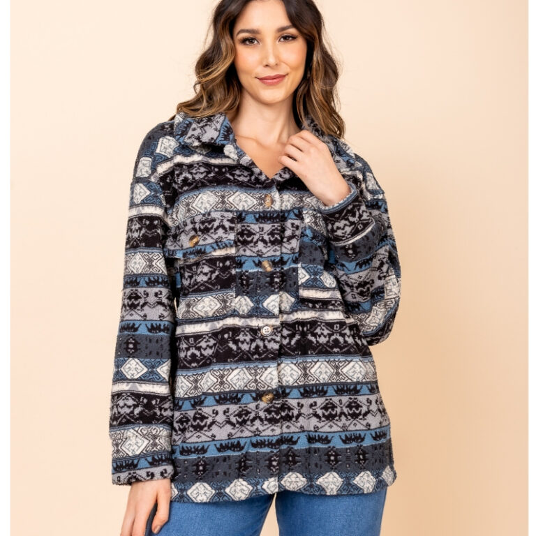 Casaco Teddy Feminino Estampado Étnico com Botõe