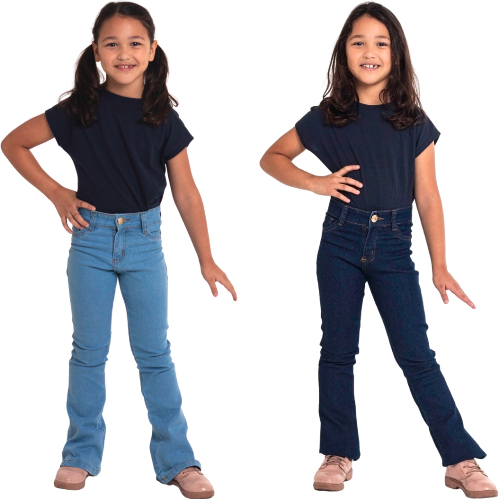 Calça Flare jeans infantil Menina Moda Chique Moderna Perna Longa e Elastano Confortável  Blogueira
