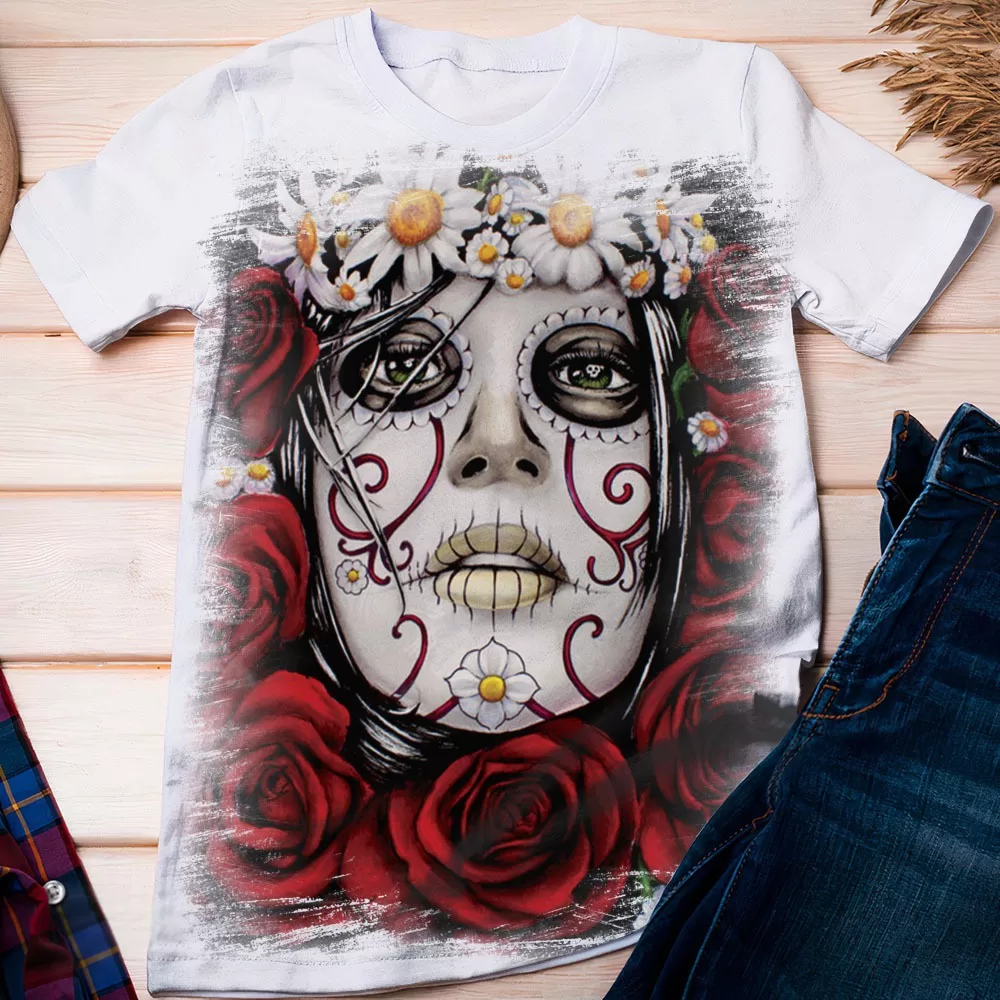 Camiseta Caveira Mexicana Frente Rosas – Dicelli