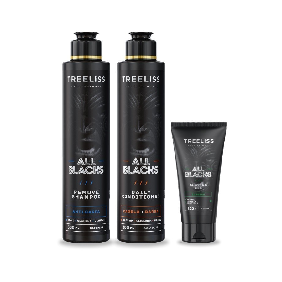 Kit All Black Masculino Barba e Cabelo Cuidados Treeliss