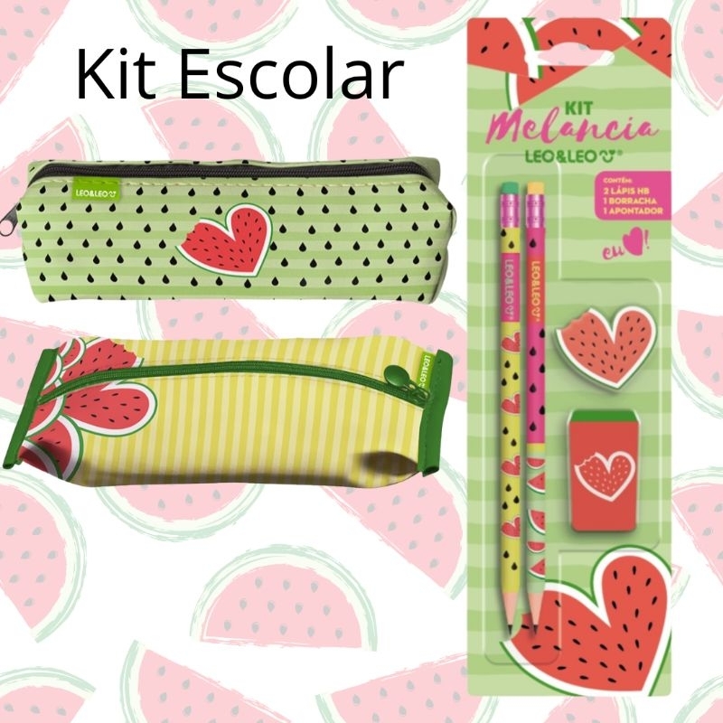 Kit Escolar Melancia com Estojo Papelaria Fofa Lápis Borracha e Apontador