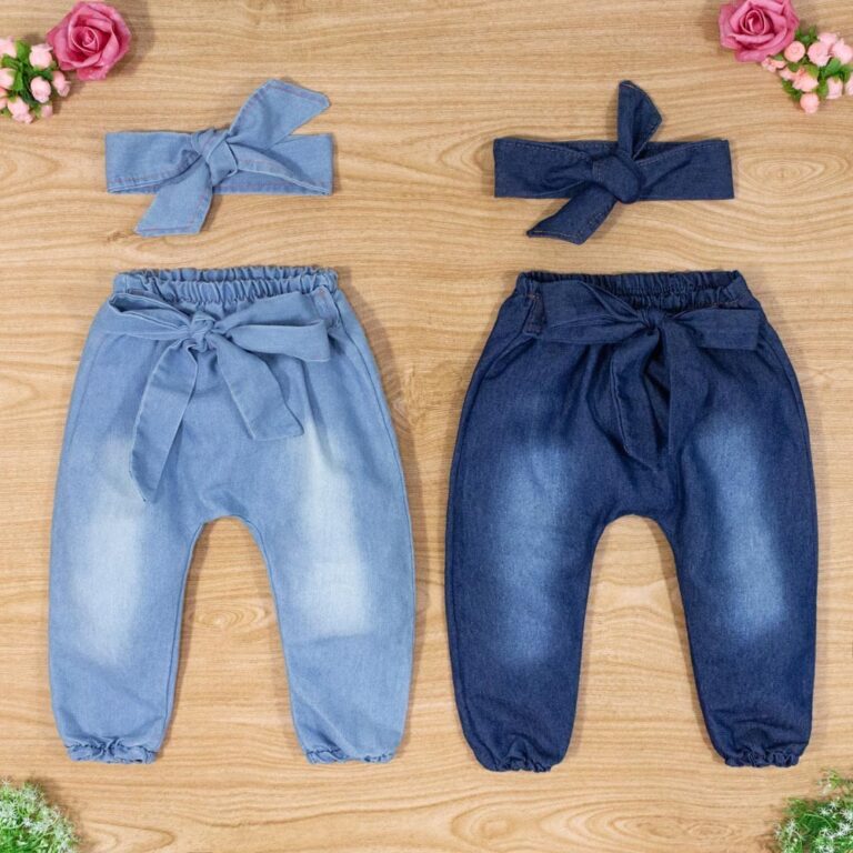 Calça e Faixinha em Jeans para Bebê Menina até 