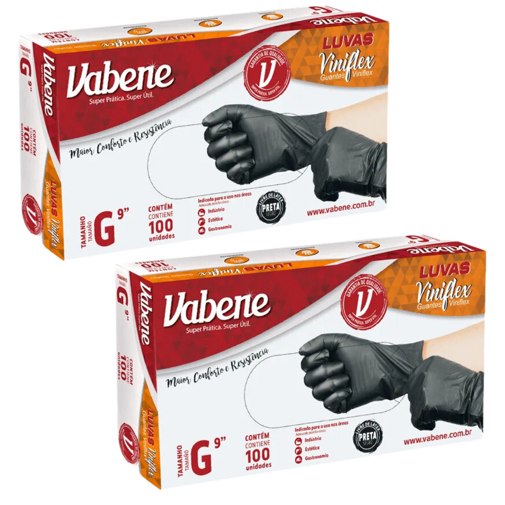 Kit 2 Cartuchos de Luvas Descartável Viniflex Preta ou Trasparente Vabene Sem Pó Tam. P M G 100 UN