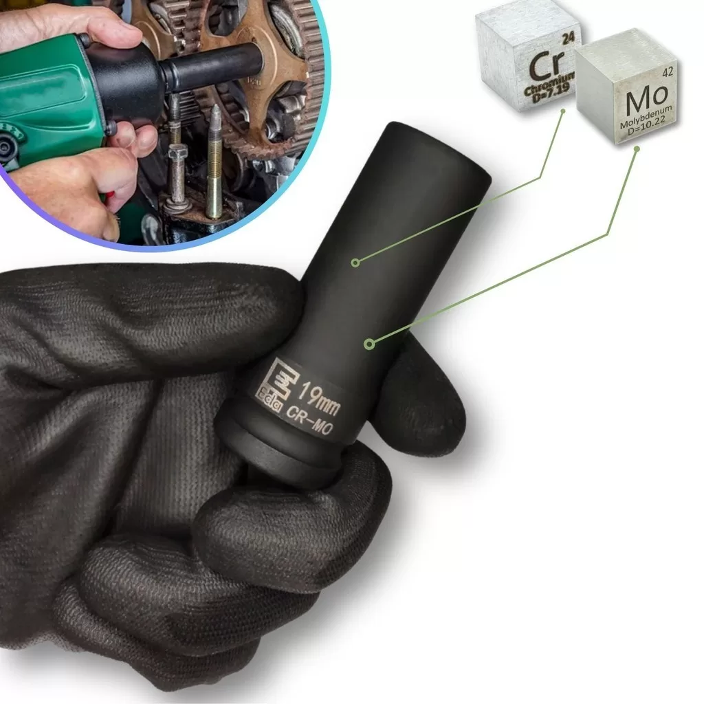 Soquete Longo Pito Cachimbo Chave Impacto Encaixe 1/2 Pol Sextavado 19mm CR-MO Desforcimetro Multipl