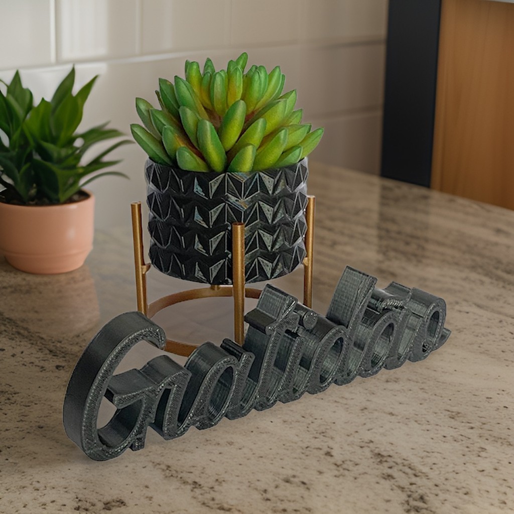 Cachepot Textura Diamante + Suporte Palavra Gratidão Decoração Sala de Estar Escritório Cozinha