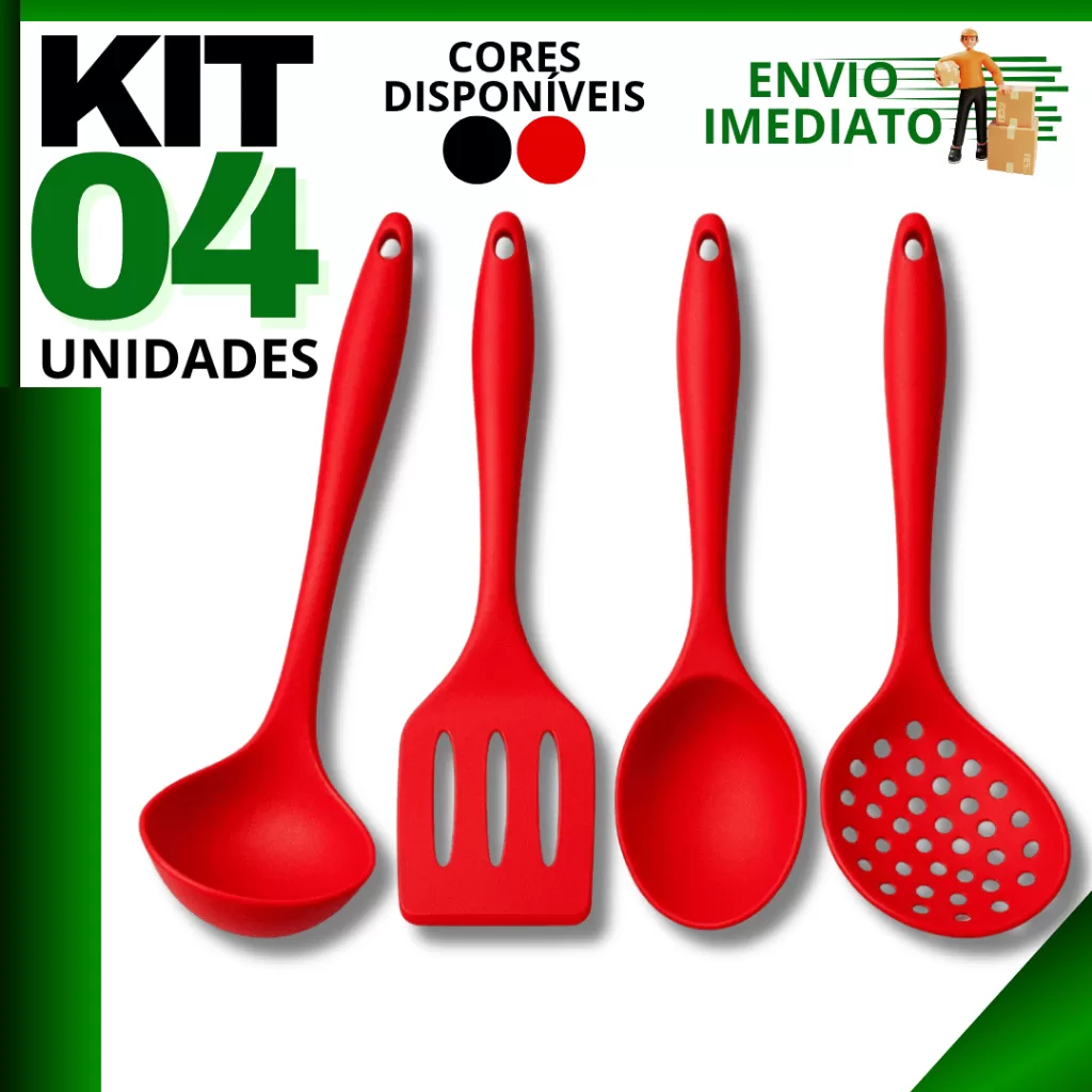 Kit 4 Utensílios de Silicone Para Cozinha Completo Vermelho e Preto de Alta Qualidade