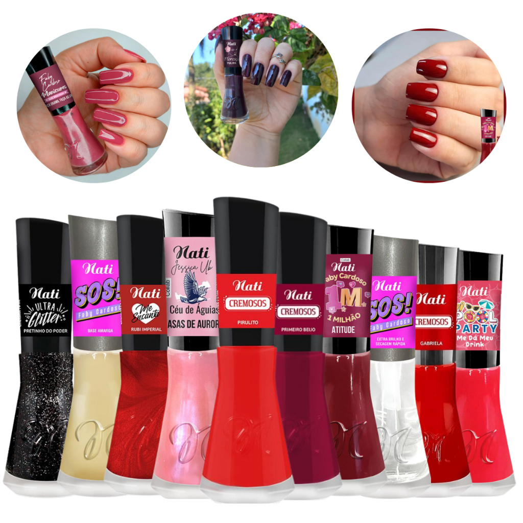 Kit 10 Esmaltes Nati Tons Escuros Tratamento Glitter Lançamento Tendência Moda Manicure Pedicure
