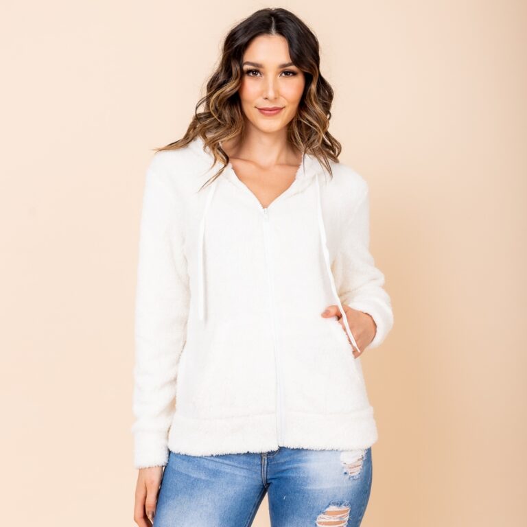 Casaco Feminino Teddy Com Zíper E Bolsos Capuz Pe