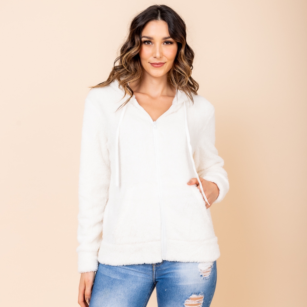 Casaco Feminino Teddy Com Zíper E Bolsos Capuz Pelúcia Inverno Quentinho Blogueira Moletom Casual