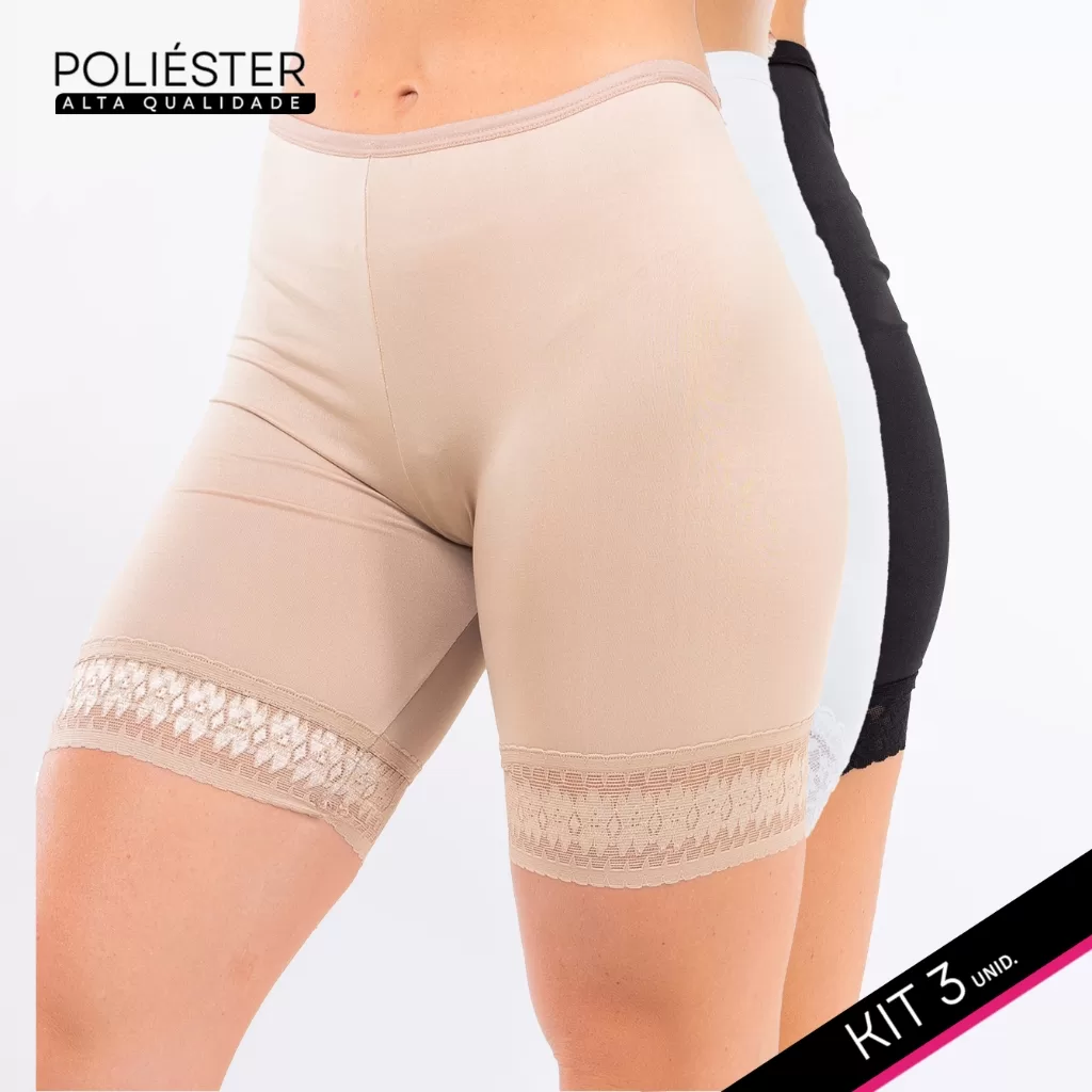 Kit 3 Short Anágua Segunda Pele Renda Poliamida Usar Por Baixo Vestido Lingerie