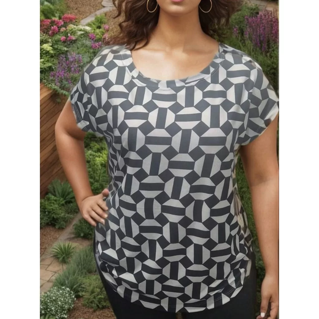 Blusa Feminina manga curta estampada plus size – G1 G2 G3 G4 G5 – Plus size de verdade – ESTAMPA 008