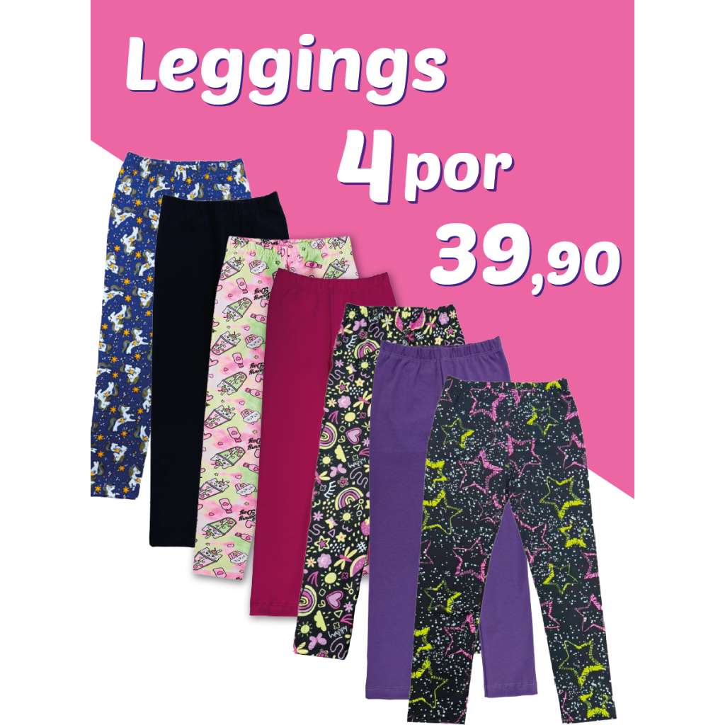 Kit C/ 4 Calças Legging Infantil Menina de Suplex Com Elastano – Kit Sortido – Promoção Relampago